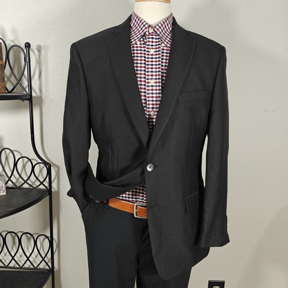 Calvin Klein Men's Sport Coat Blazer Two Button Black Herringbone Poly Blend 42R